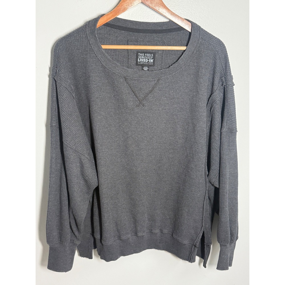 American Eagle Seriously Lived-In Waffle Knit Thermal Top Gray Small Oversized